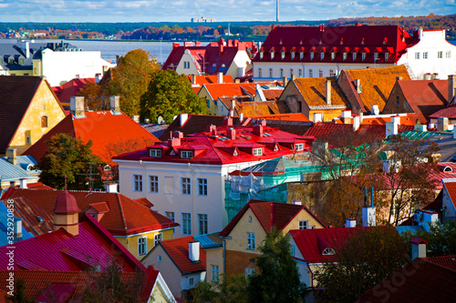 Tallinn city view, colorful roofs and buildings.