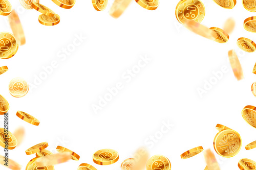 A lot of bright glossy golden ancient coins, golden rain, template with text place