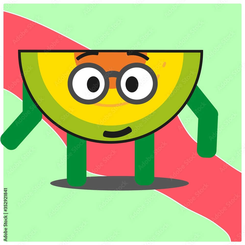 Fototapeta premium Cute slice of melonfruit cartoon face mascot character with hand and leg vector design