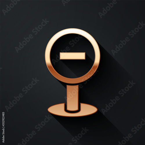 Gold Stop sign icon isolated on black background. Traffic regulatory warning stop symbol. Long shadow style. Vector.