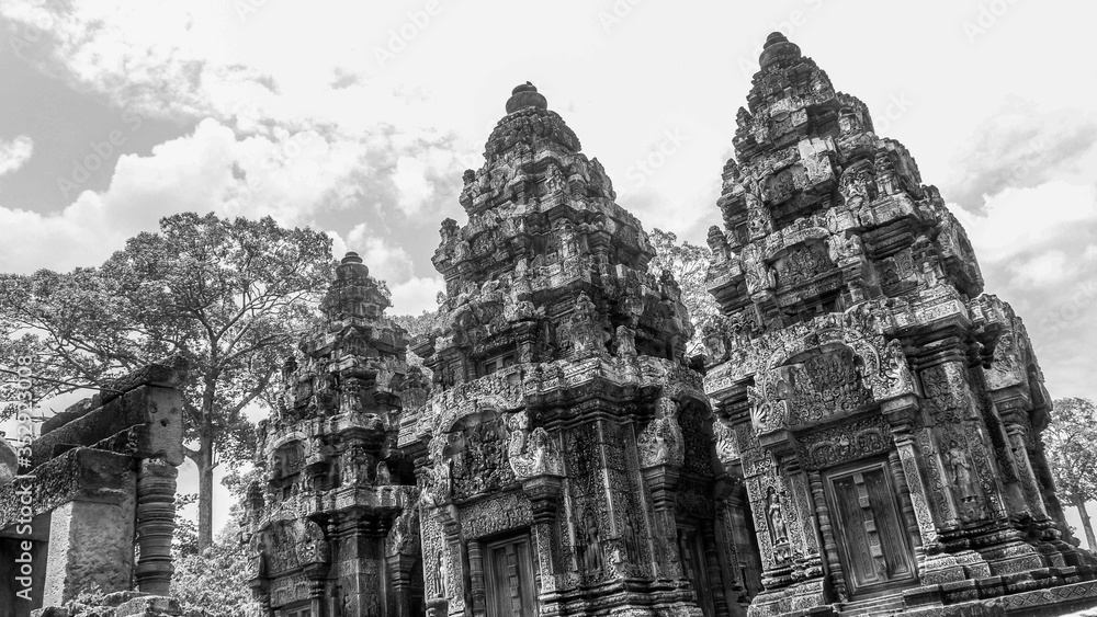 Monument of a temple in black and white