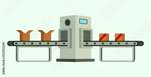 Conveyor assembly line in outline style. Automatic production line concept. Industrial mass production conveyor. Vector illustration