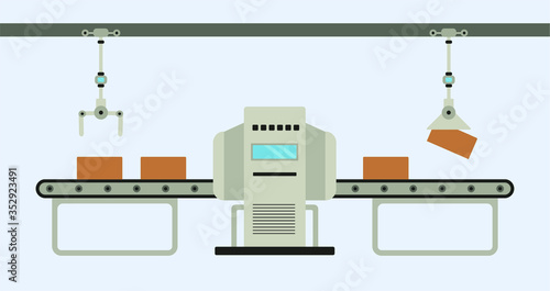 Conveyor assembly line in outline style. Automatic production line concept. Industrial mass production conveyor. Vector illustration
