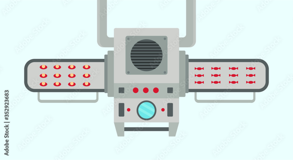 Fototapeta premium Conveyor assembly line in outline style. Automatic production line concept. Industrial mass production conveyor. Vector illustration