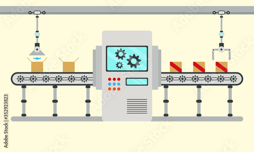 Conveyor assembly line in outline style. Automatic production line concept. Industrial mass production conveyor. Vector illustration