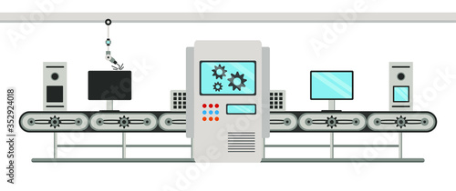 Conveyor assembly line in flat style. Automatic production of computer electronics concept. Industrial mass production conveyor. Vector illustration