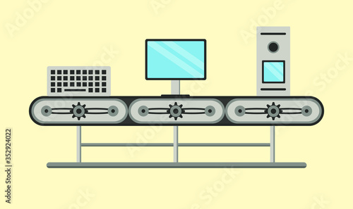 Conveyor assembly line in flat style. Automatic production of computer electronics concept. Industrial mass production conveyor. Vector illustration