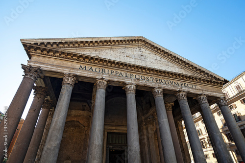 Colonnade and portico of the Pantheon, Rome, Italy. Almost two thousand years after it was built, the Pantheon's dome is still the world's largest unreinforced concrete dome.