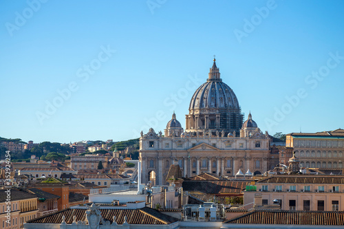 View to Rome and Saint Peter cathedral of Vatican from the Mausoleum of Hadrian, usually known as Castle of the Holy Angel, Rome, Italy