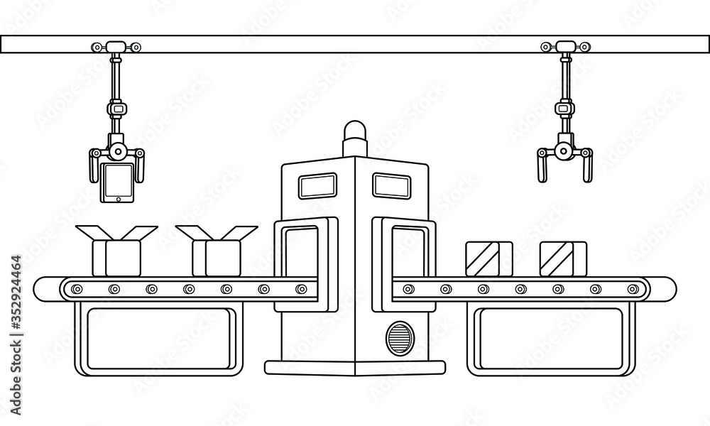Conveyor assembly line in outline style. Automatic production line concept. Industrial mass production conveyor. Vector illustration