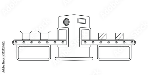 Conveyor assembly line in outline style. Automatic production line concept. Industrial mass production conveyor. Vector illustration