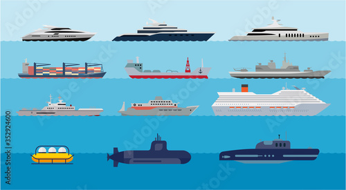 Collection of icons presenting different types of ships and submarines. Set of flat icons of water transport. Flat illustration of overseas ships.