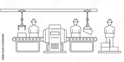 Conveyor assembly line in outline style. Automatic production line concept. Industrial mass production conveyor. Vector illustration