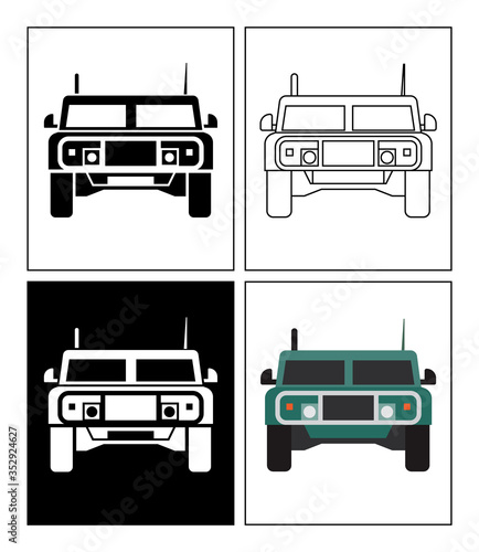 Military car symbol presented as pictogram, black and white, line icons and flat icons. Set of transportation icons.