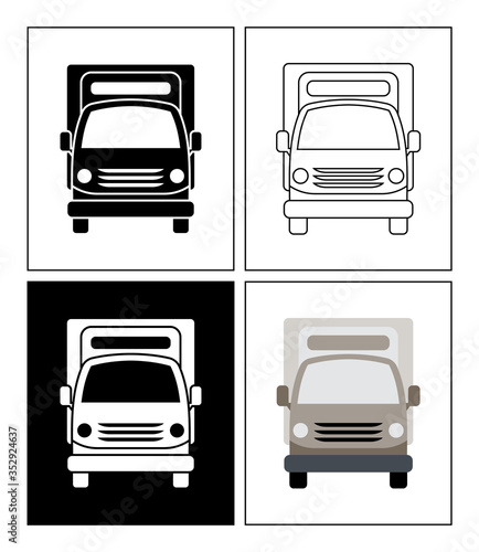 Truck symbol presented as pictogram, black and white, line icons and flat icons. Set of transportation icons.