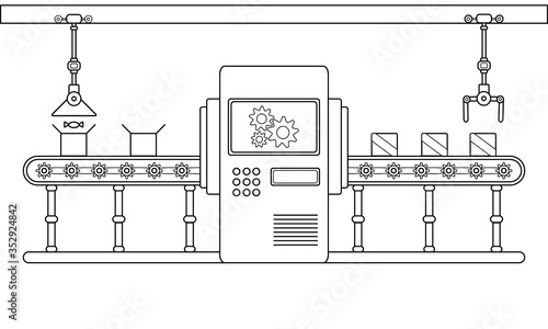 Conveyor assembly line in outline style. Automatic production line concept. Industrial mass production conveyor. Vector illustration