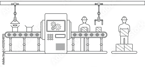 Conveyor assembly line in outline style. Automatic production line concept. Industrial mass production conveyor. Vector illustration