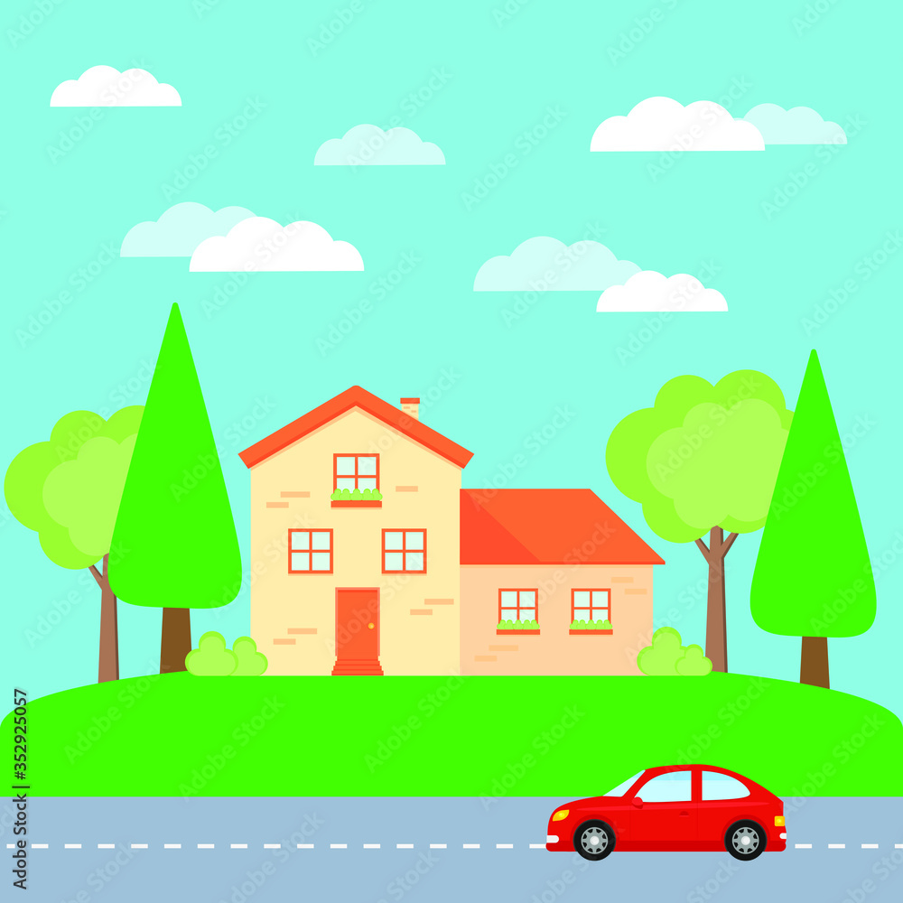 This is a facade of the house is with a garage and a car on the road.  Vector illustration.