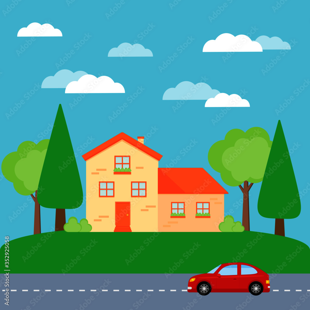 This is a facade of the house is with a garage and a car on the road.  Vector illustration.
