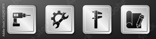 Set Electric drill machine, Wrench spanner and gear, Calliper or caliper and scale and Graphing paper and pencil icon. Silver square button. Vector.