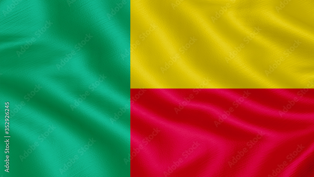 Flag of Benin. Realistic waving flag 3D render illustration with highly detailed fabric texture.