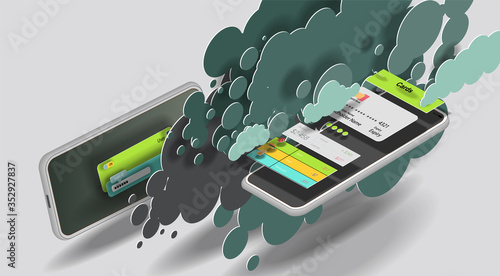 Mobile phone with banking app interface in isometry and green circles
