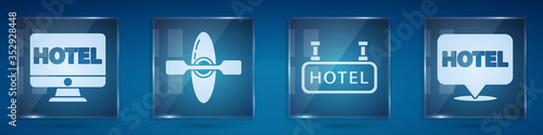 Set Online hotel booking, Kayak or canoe, Signboard with text Hotel and Location hotel. Square glass panels. Vector.