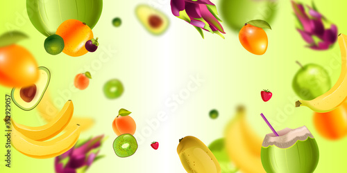 Exotic summer food background with banana, green coconut, dragon fruit, mango, kiwi. Tropical fruit banner in realistic style with avocado, papaya, apple, peach, kiwi, straw.
