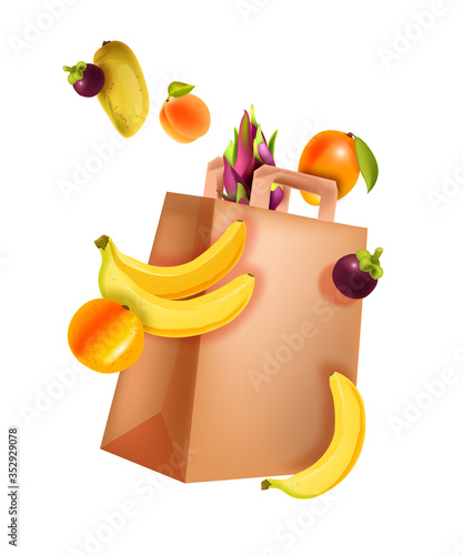Vector illustration with paper package and flying exotic fruit. Zero waste bag with banana, mangosteen, peach, mango, peach, orange. Summer shopping concept in realistic style. Isolated on white.