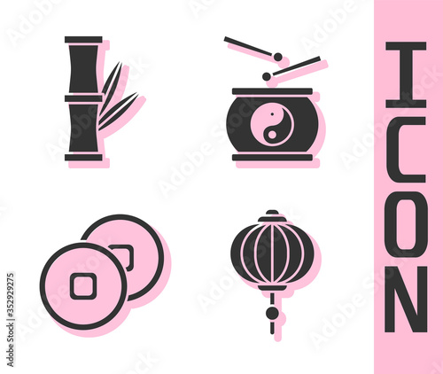 Set Chinese paper lantern, Bamboo, Chinese Yuan currency and Chinese drum icon. Vector.