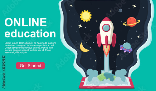 Online education concept. Children learning or imagination with technology. Outside of school. space or universe background. kid reading with tablet. vector illustration poster or banner for study.