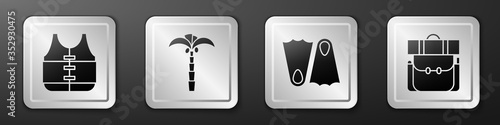 Set Life jacket, Tropical palm tree, Rubber flippers and Hiking backpack icon. Silver square button. Vector.