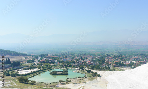 Unesco heritage Pamukkale Turkey cotton mountains travertines lake view 