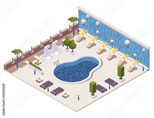 Obraz na plátně Vector isometric concept illustration with hotel outdoor pool, showers, tanning loungers and waterfall