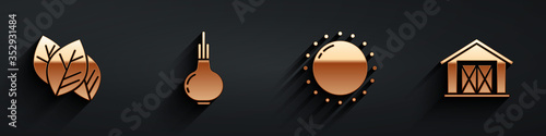 Set Leaf or leaves, Onion, Sun and Farm house icon with long shadow. Vector.
