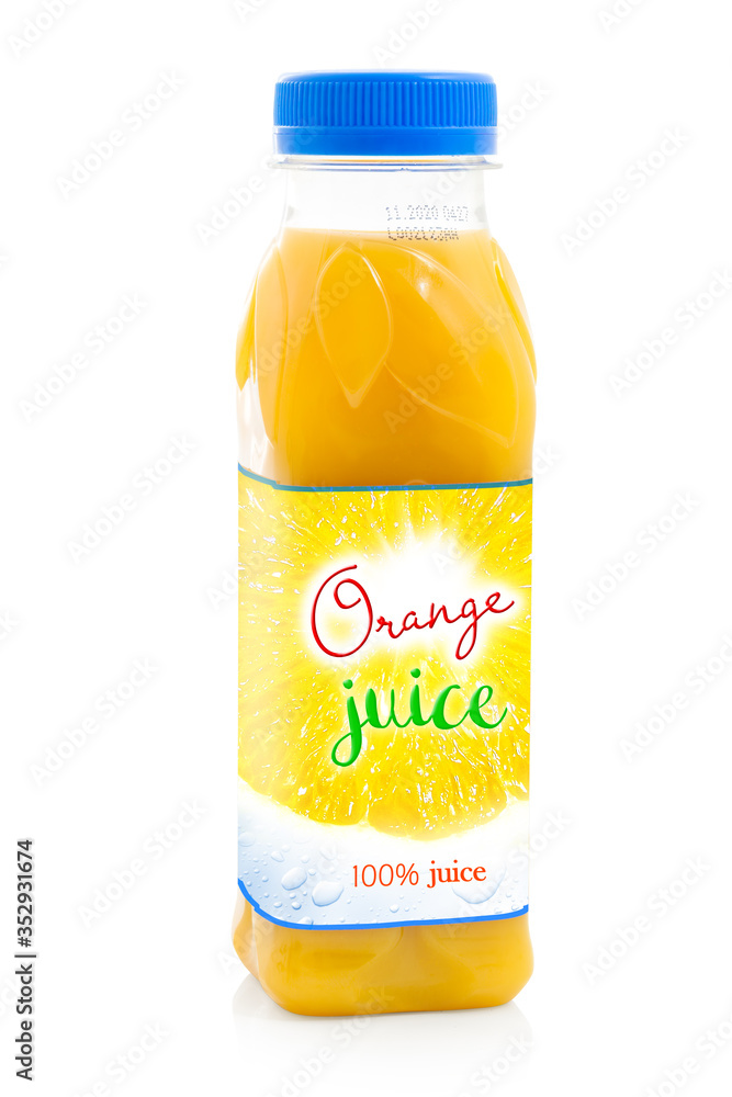Small Orange Juice in plastic bottle with fictive design. Isolated