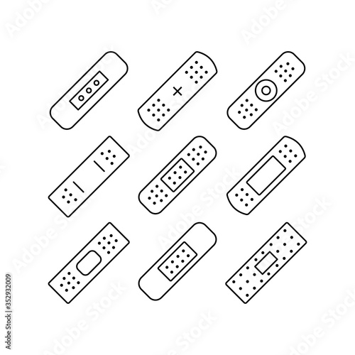 Set of plaster icons. Simple line icon on white background. Medical plaster, adhesive bandage, band aid, bandage sing. Web site page and mobile app design vector element. Vector illustration.
