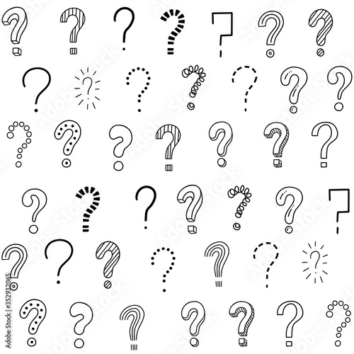Vector seamless pattern with question marks. Doodle, sketch, cartoon style. Black and white simple background design. question mark hand draw symbol. Vector seamless pattern on white background