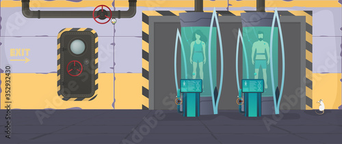 Futuristic laboratory with cryogenic capsules or containers. Cryon technology for humans or the cryogenic chamber of an astronaut. Sci-fi astronaut sleep mode. Cartoon style. Vector.
