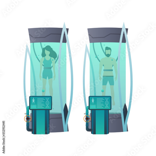 Futuristic cryogenic capsules or containers. Cryonic technology for humans or cryogenic chamber of an astronaut. Sci-fi astronaut sleep mode.