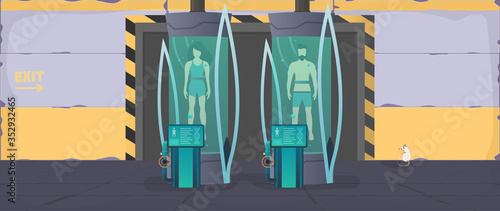 Futuristic laboratory with cryogenic capsules or containers. Cryon technology for humans or the cryogenic chamber of an astronaut. Sci-fi astronaut sleep mode. Cartoon style. Vector.