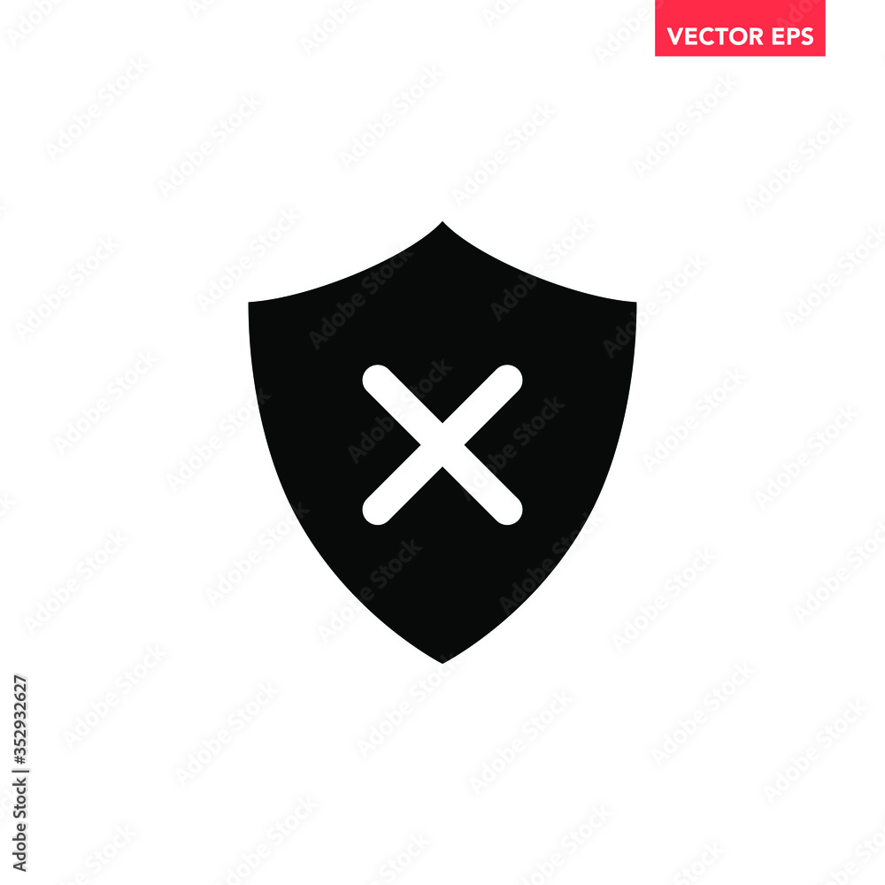 Black shield insecure with cross mark filled icon, simple undefended ...