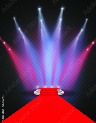 3d stage with scene illumination light, vector transparent flash light effect, sunlight special lens. Bright gold flashes and lighting with spotlights. 