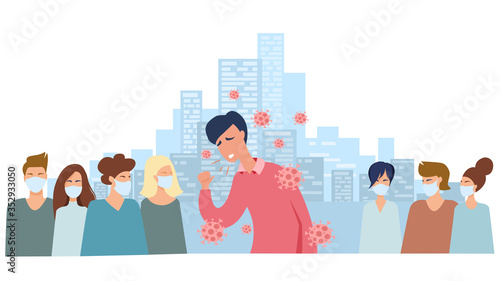 A man infected with coronavirus coughs on the street. Infected in a crowd of people. A poster on the topic of why you need to stay at home, observe quarantine. People are protected by masks.