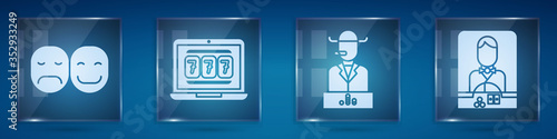 Set Poker player, Laptop and slot machine, Poker player and Casino dealer. Square glass panels. Vector