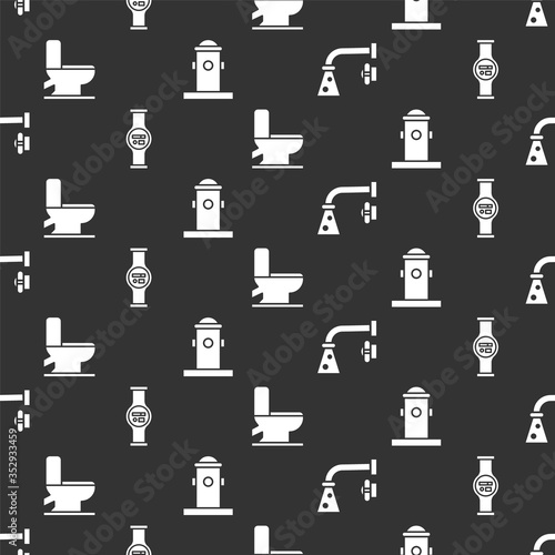 Set Water tap, Water meter, Toilet bowl and Fire hydrant on seamless pattern. Vector