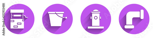 Set Well, Bucket, Fire hydrant and Industry metallic pipe icon with long shadow. Vector