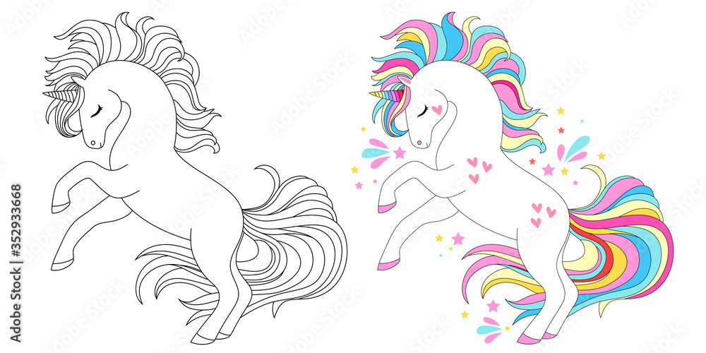 Cute unicorn line and color. Vector illustration for coloring book