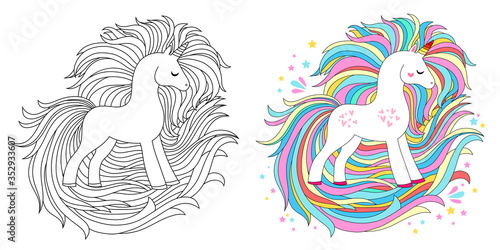 Cute unicorn line and color. Vector illustration for coloring book