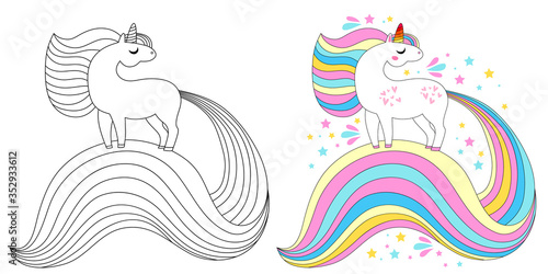 Cute unicorn line and color. Vector illustration for coloring book